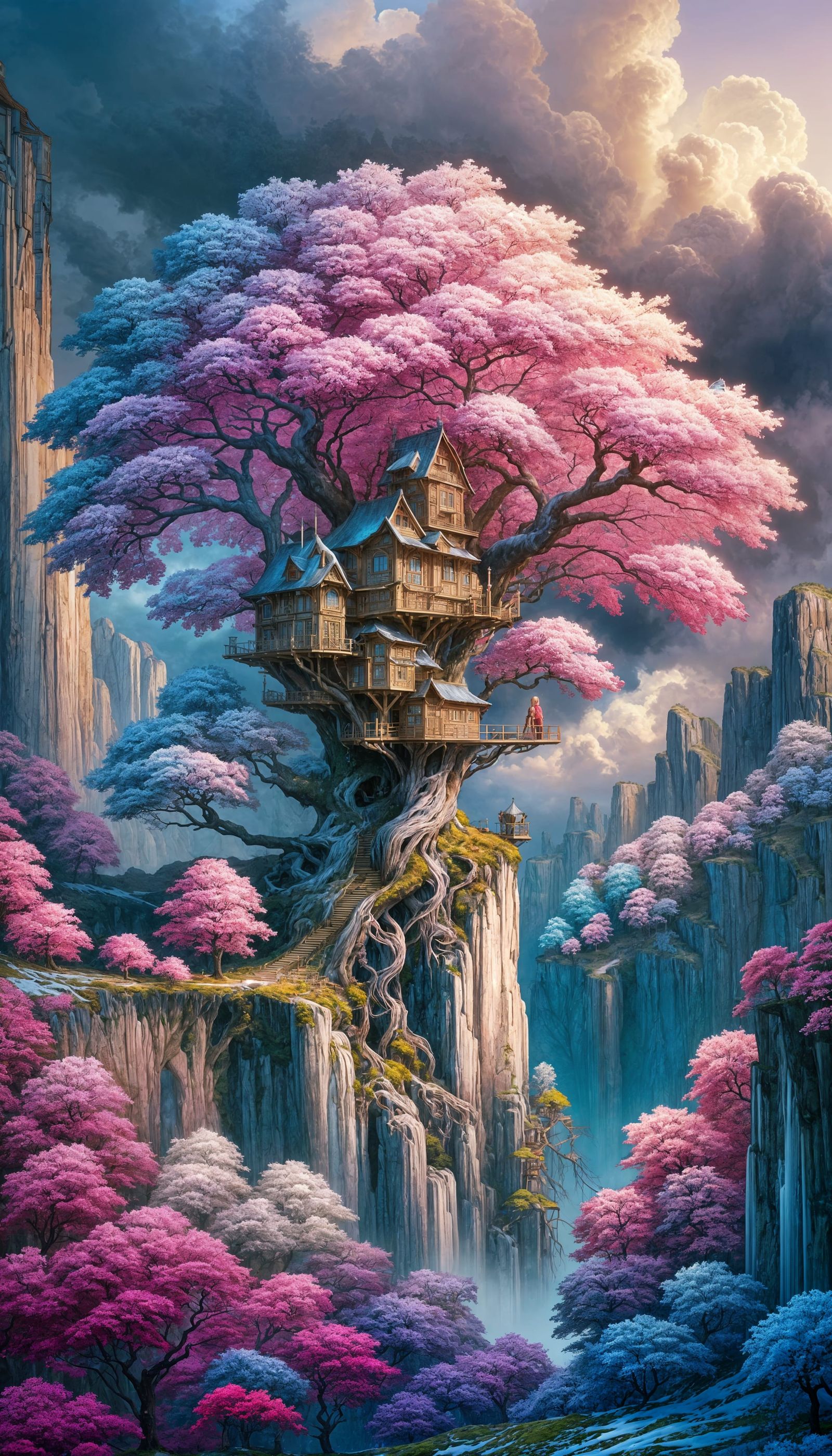 Whimsical Treehouse Amidst Cherry Blossom Canopy