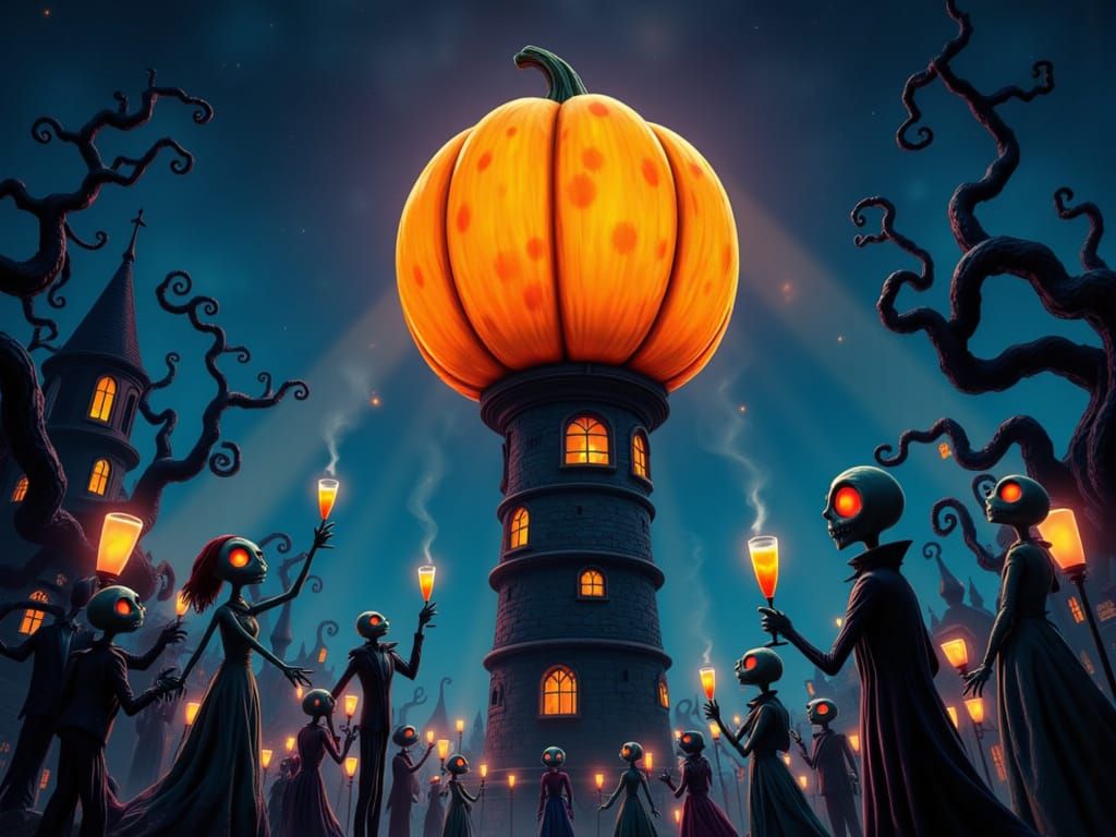 Halloween New Year's Eve with Pumpkin Ball and Monsters