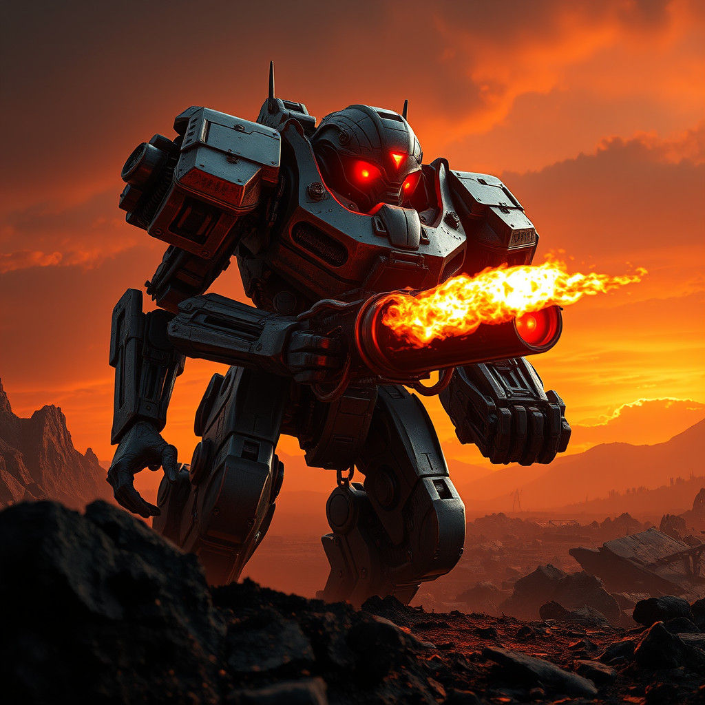 Metallic Sentinel Emerges in Post-Apocalyptic Sunset