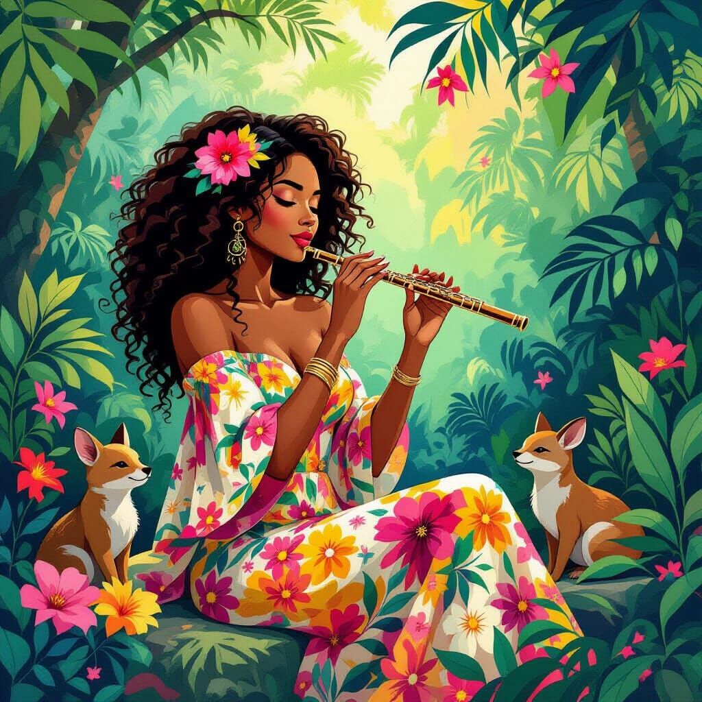 Jungle Flute Player in Abstract Expressionist Style