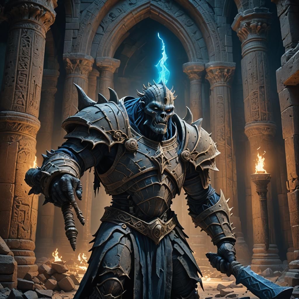 Gothic Clay Golem in Ruined Temple