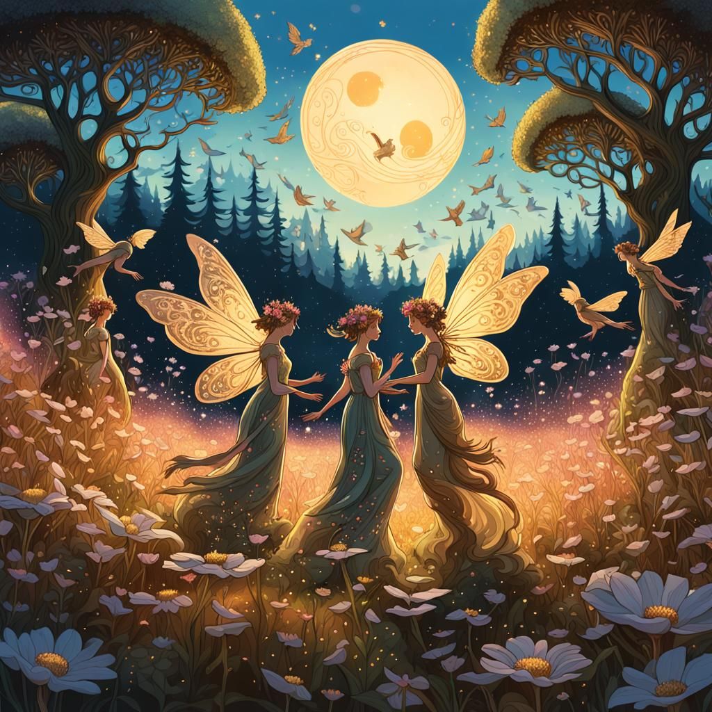Fairies in Forest Meadow: Art Nouveau Style