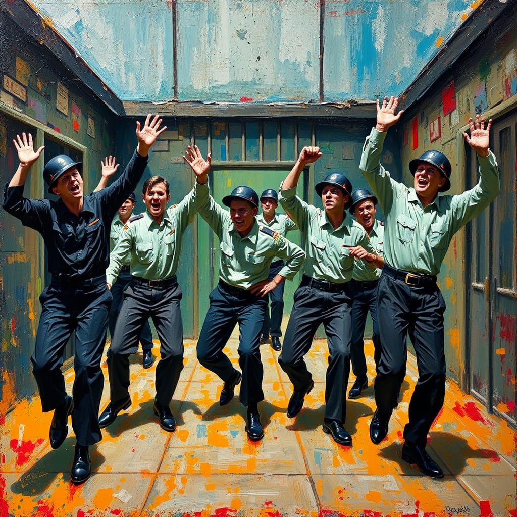Prisoners' Energetic Dance: Neo-Impressionist Jailhouse Scen...