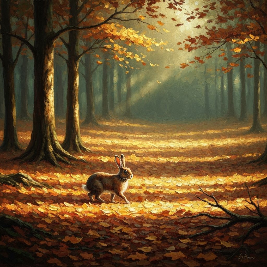Impasto Oil Painting Of A Rabbit In Autumn Forest
