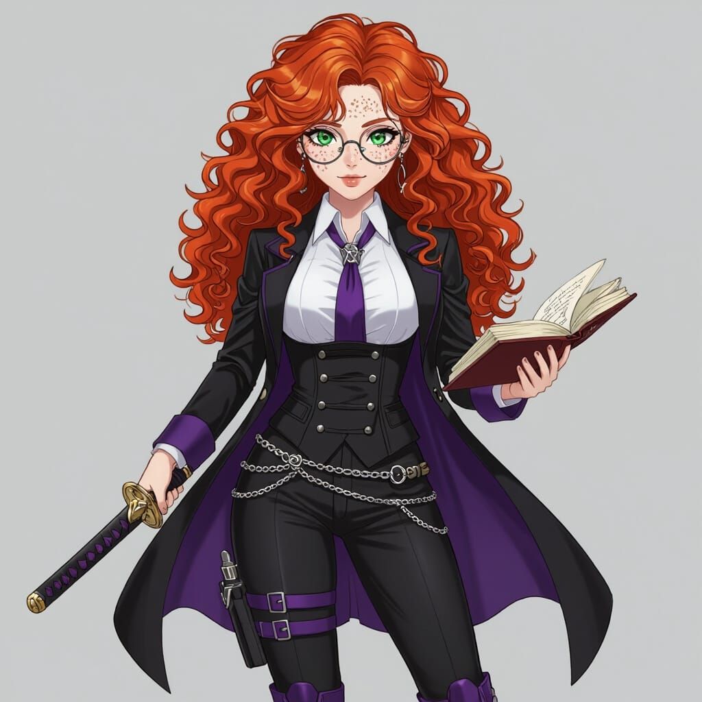 Anime Woman with Red Hair and Katana, Spellbook