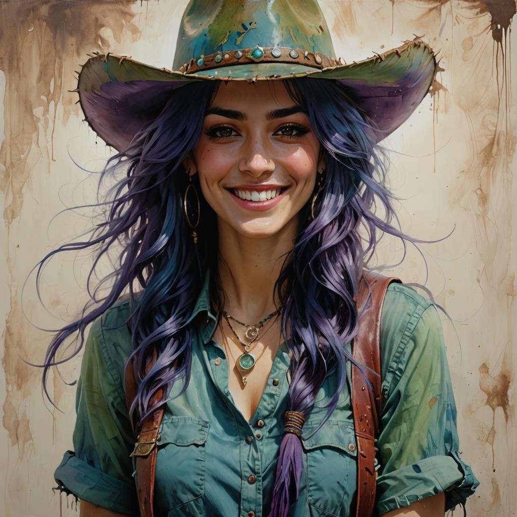 Beautiful Woman with Colorful Hair, Photorealistic Painting
