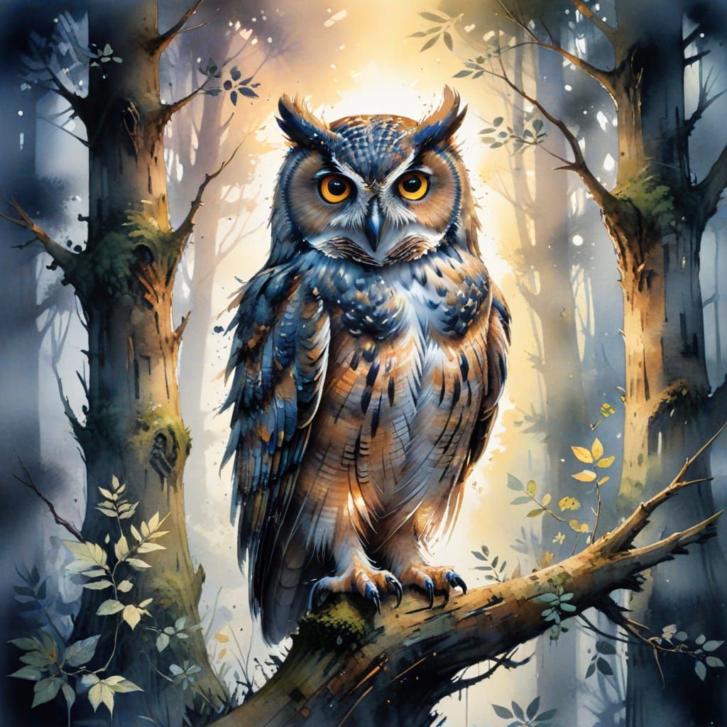 Surreal Owl in a Misty Ancient Forest at Twilight