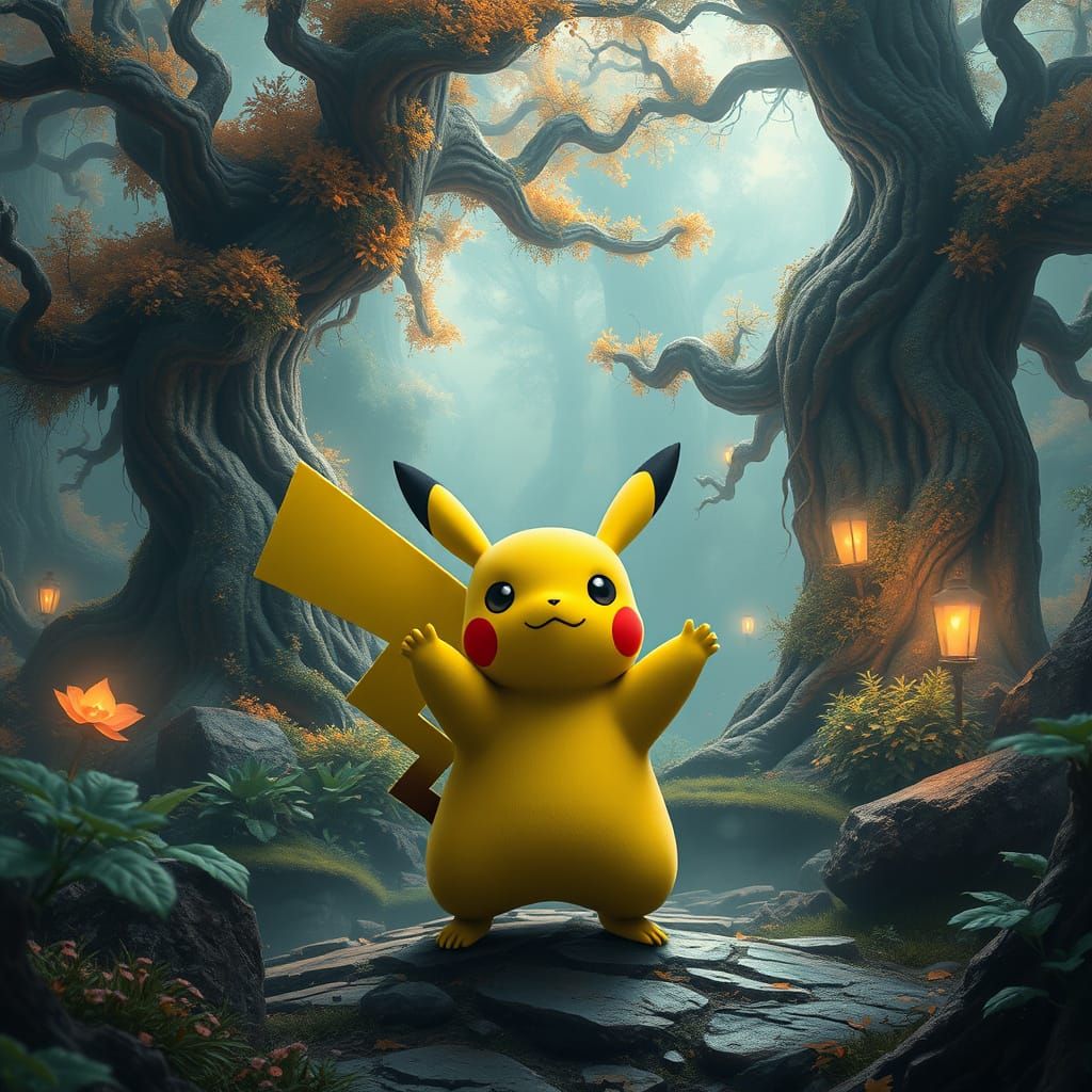 Heroic Pikachu in Dreamlike Enchanted Forest