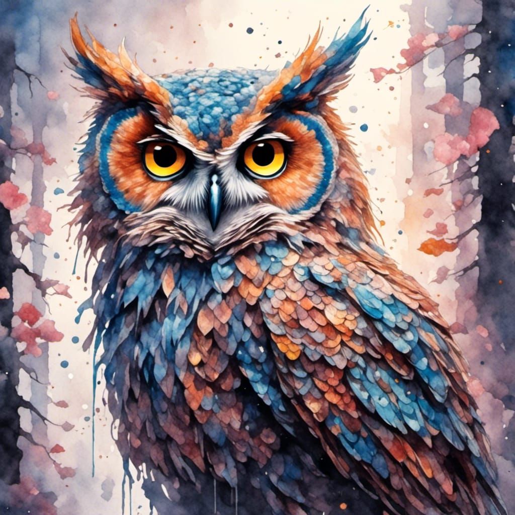 Glowing Watercolor Owl in Fantasy Forest
