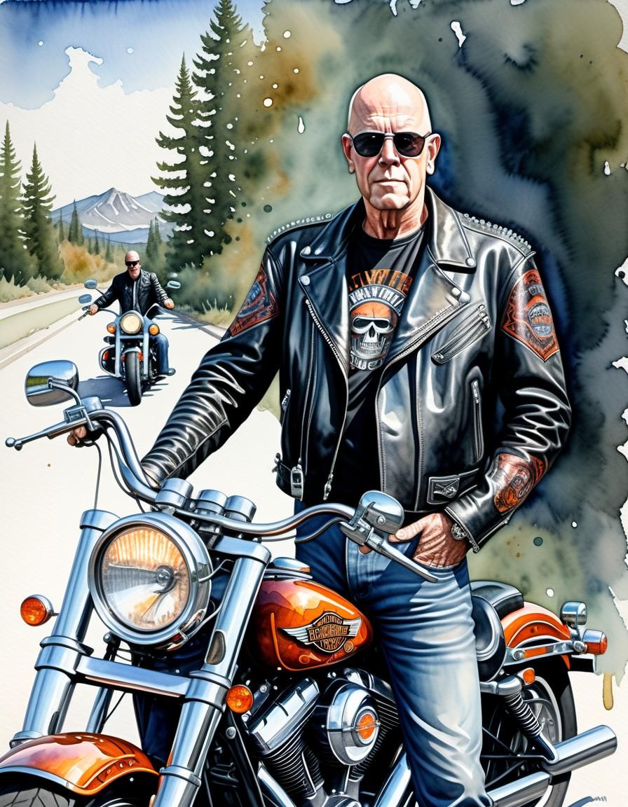 Cartoon Watercolor of Biker with Harley-Davidson