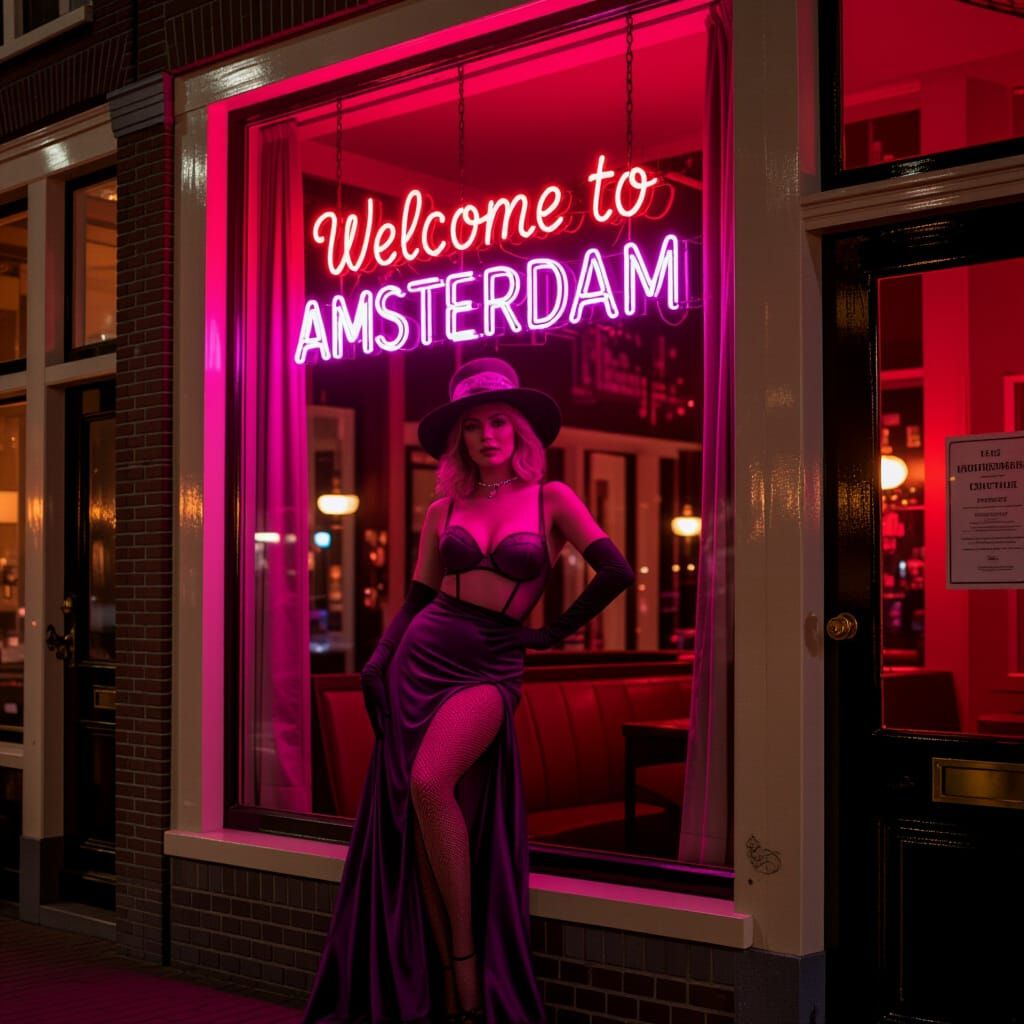 Neon Amsterdam Nightlife: Disco Pimp in Purple Window