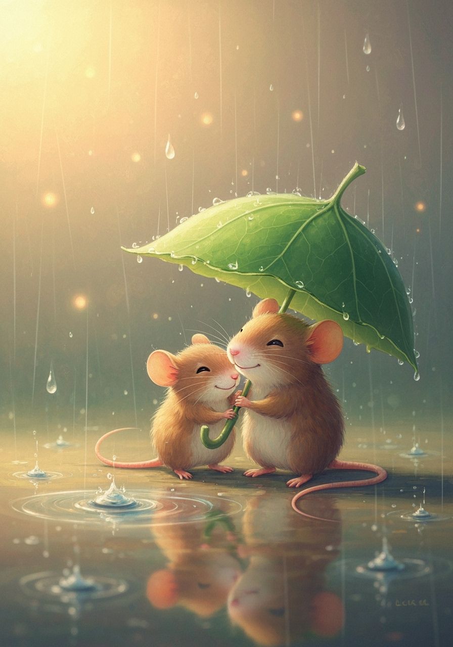 Mice in Rainy Weather: A Whimsical Pastel Painting