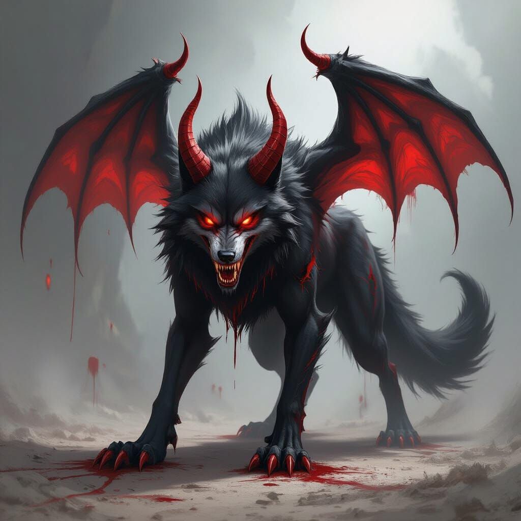 Demon Wolf with Glitchy Wings and Bloody Paws