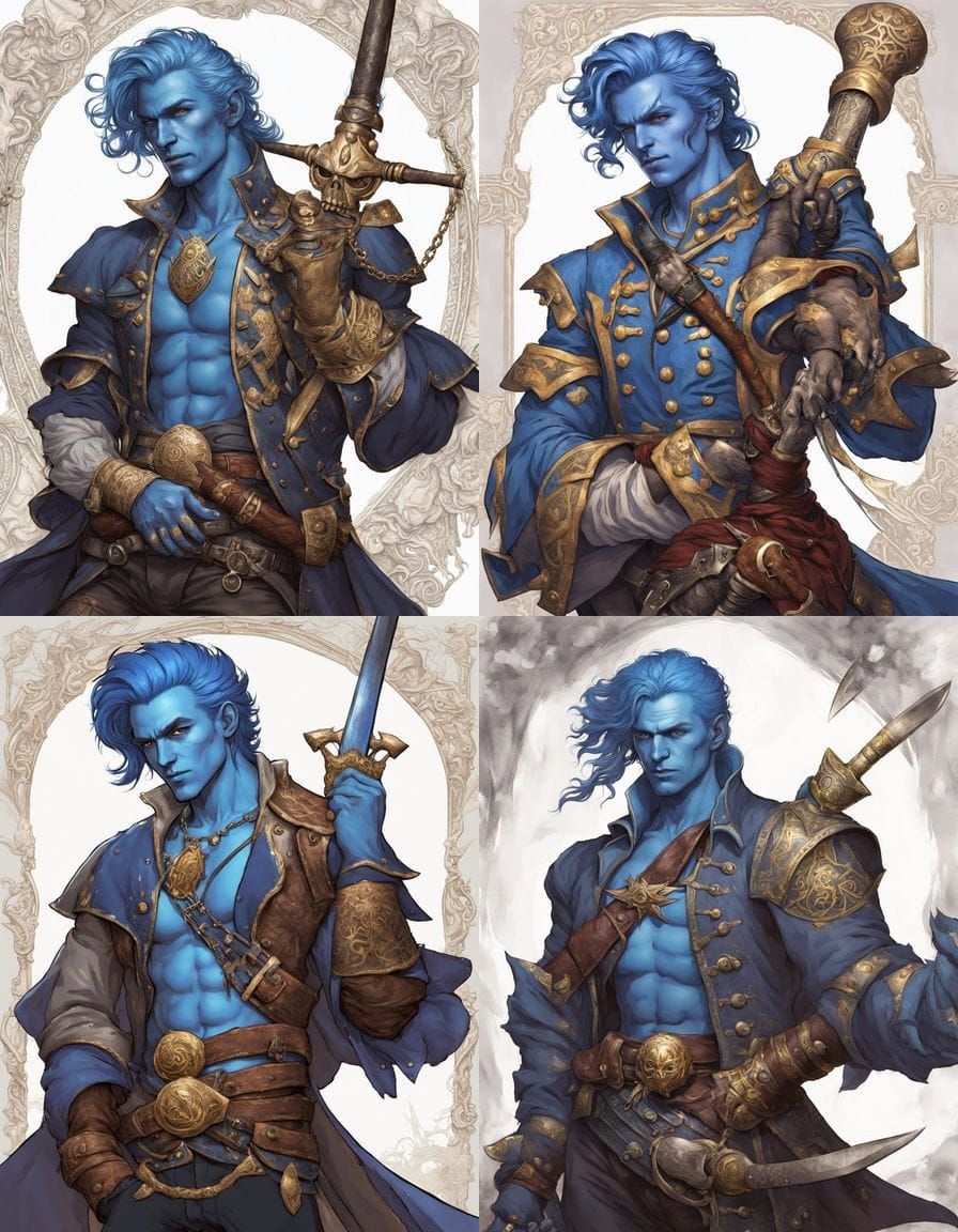 Chiseled Pirate Aasimar Bard Wields Talwar