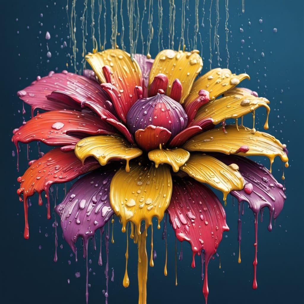 Vibrant Raindrops on a Flower in Vintage Scratch Paint Style