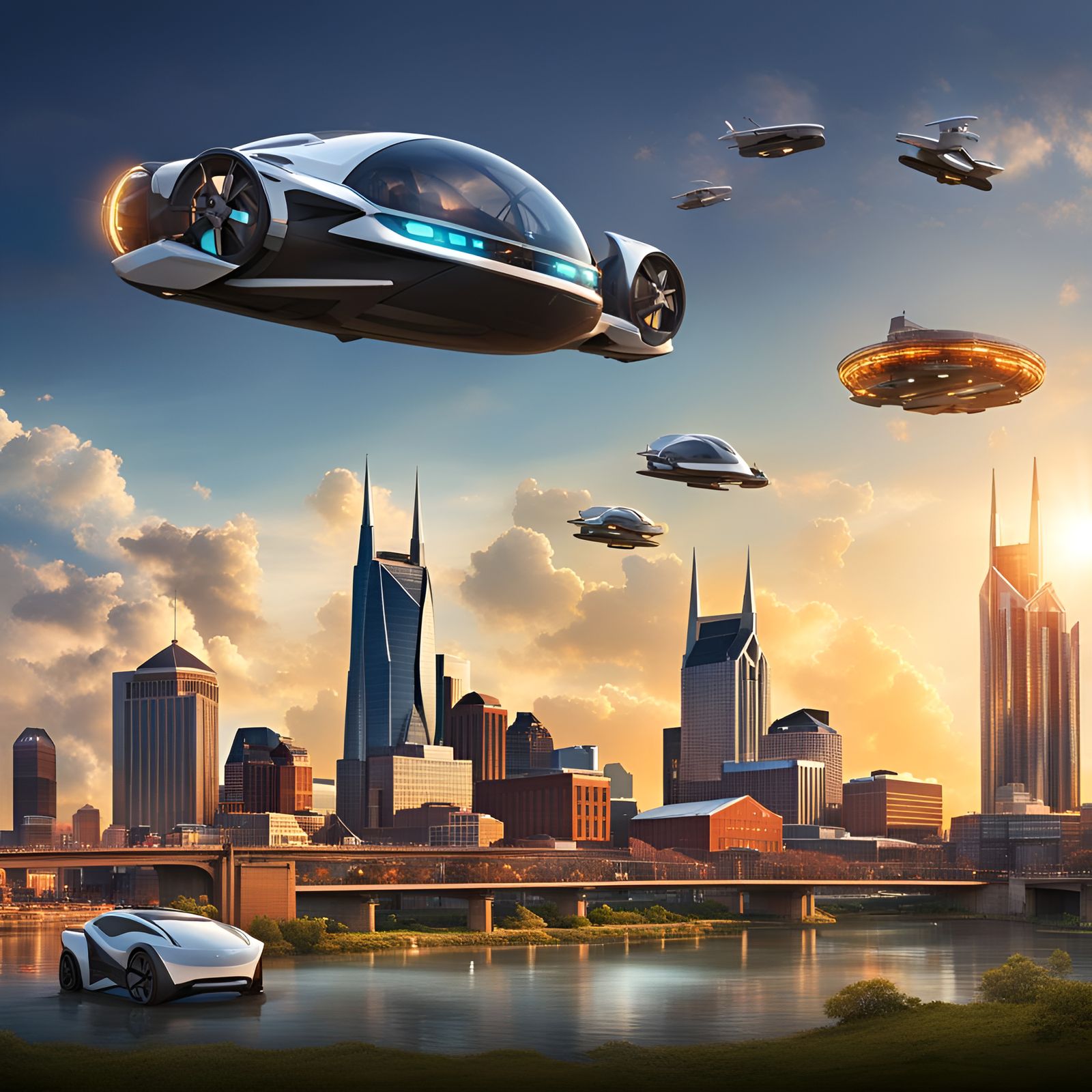 Futuristic Nashville Skyline with Flying Cars at Sunrise