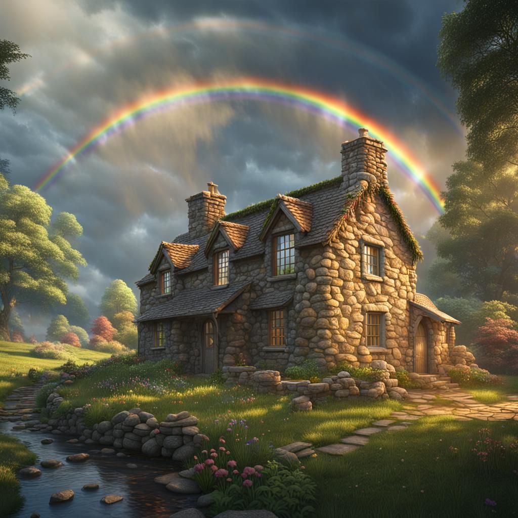 Double Rainbow Over Stone Cottage: Fantasy Concept Art