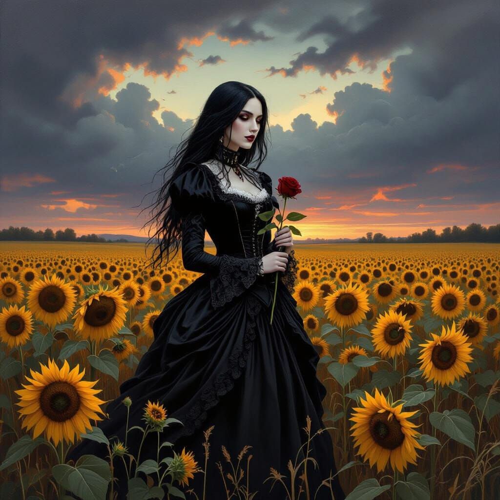 Gothic Woman in Sunflower Field: Oil Painting