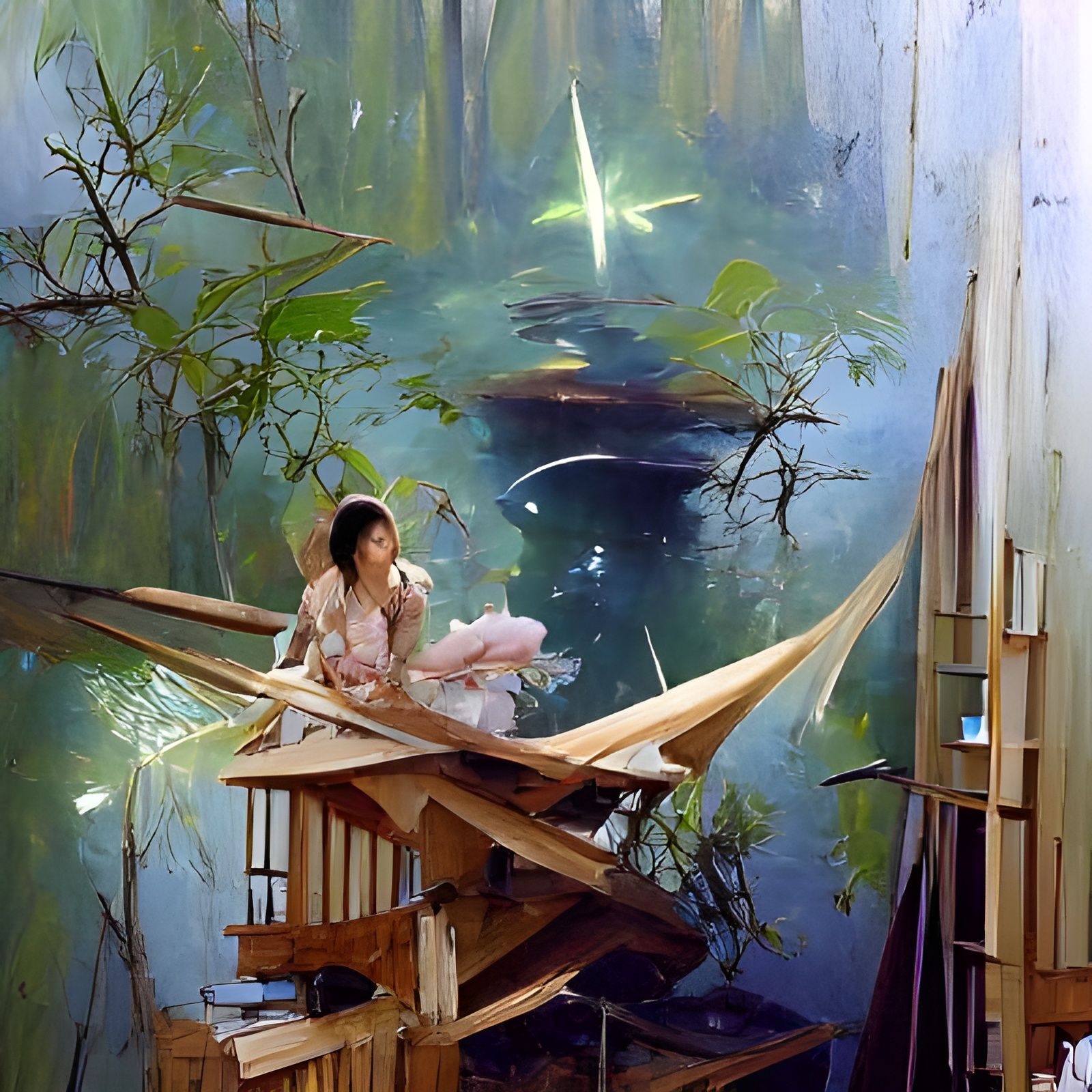 Fairy in Bamboo Treehouse Oil Painting