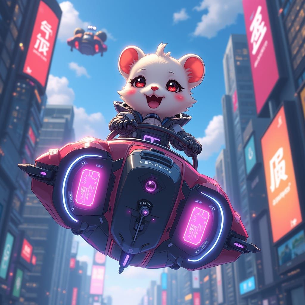 Anime Ferret Piloting Hovercraft in Cyberpunk City