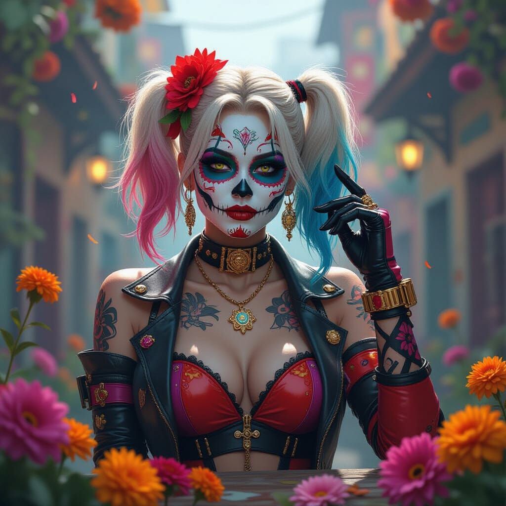 Cyberpunk Harley Quinn Celebrates Day of the Dead