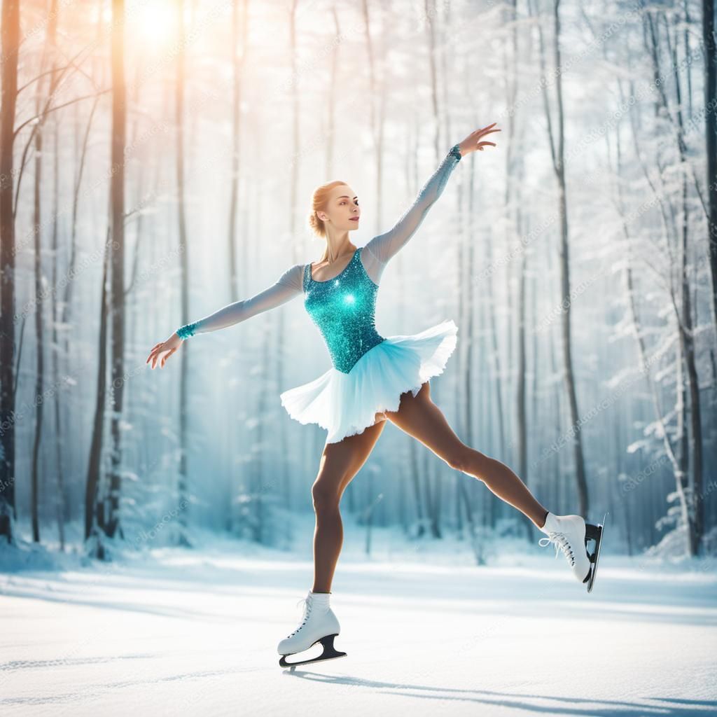 Young Ice Skater in Winter Forest, Abstract Art