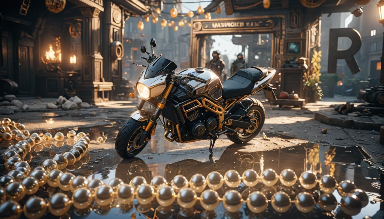 Motorcycle Mirrored in Pearl, 3D Game Cinematic