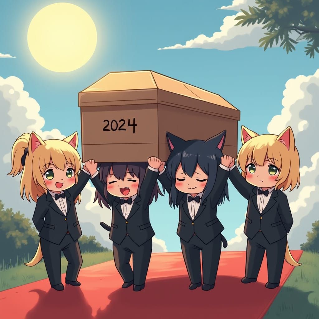 Chibi Anime Catgirls Mourn 2024 in Tuxedo Suits