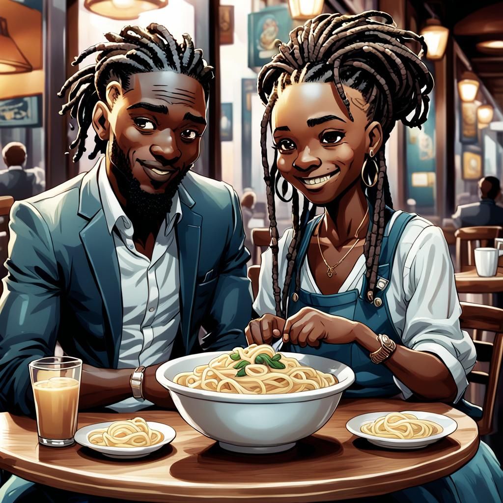Chibi Style: Couple Enjoying Fettuccine Alfredo