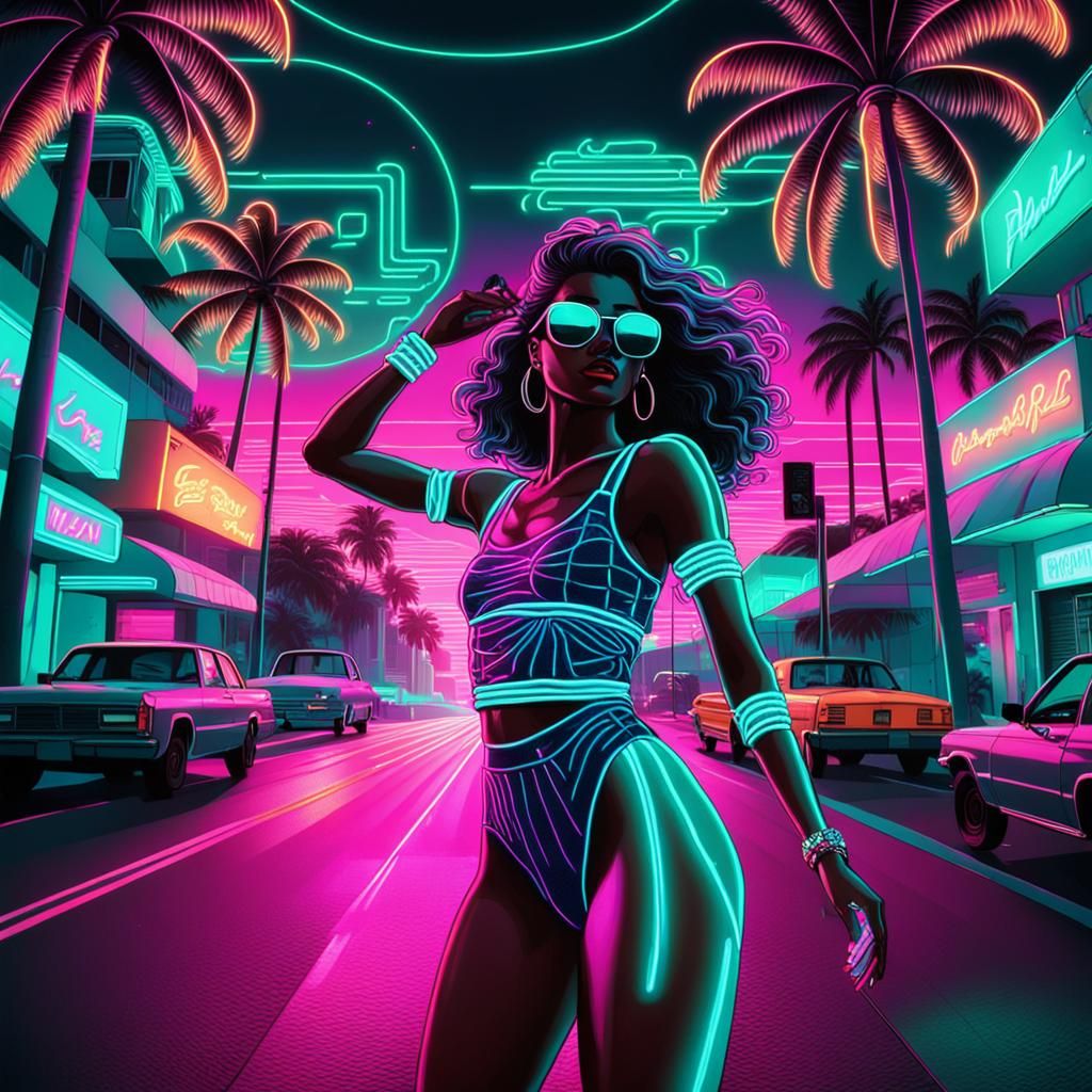 Hyperdetailed Neon Vaporwave Miami Street Scene