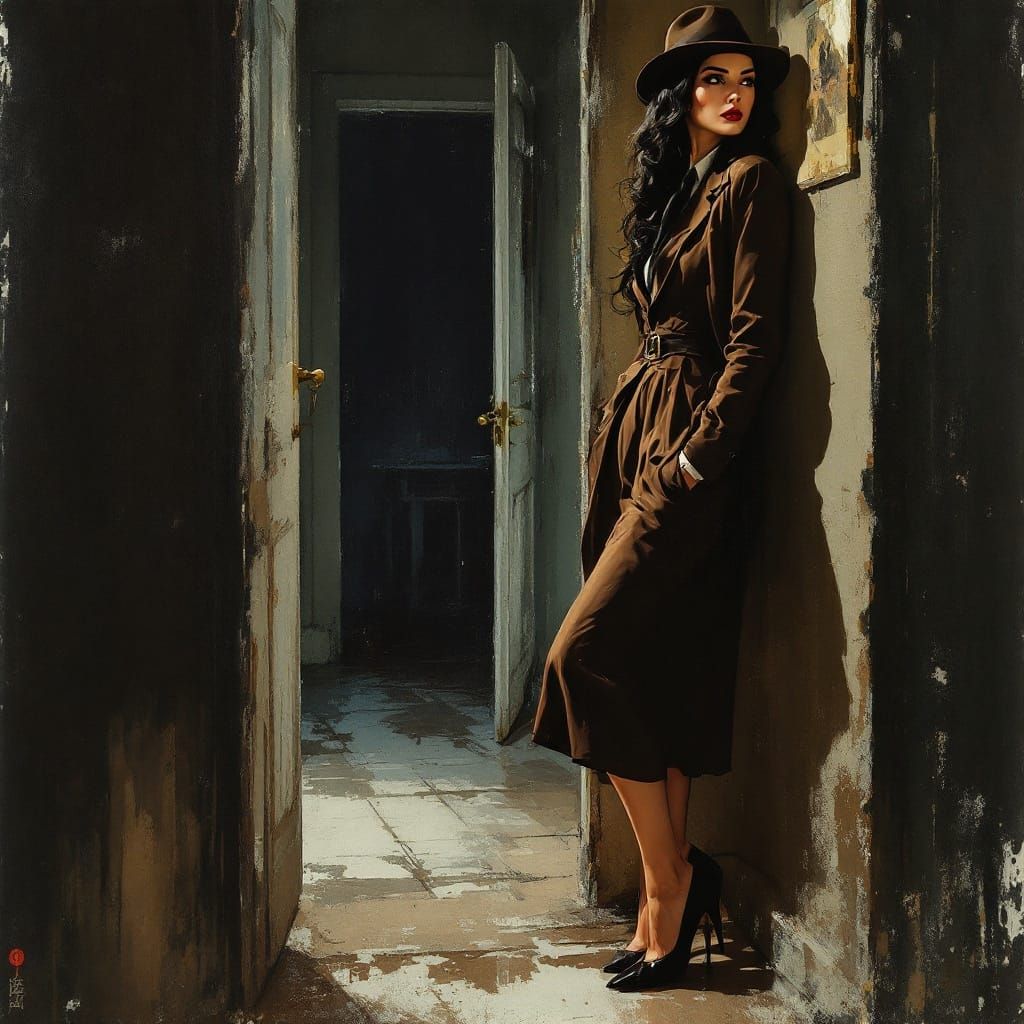 Elegant Woman Ponders in Dark Retro Lounge