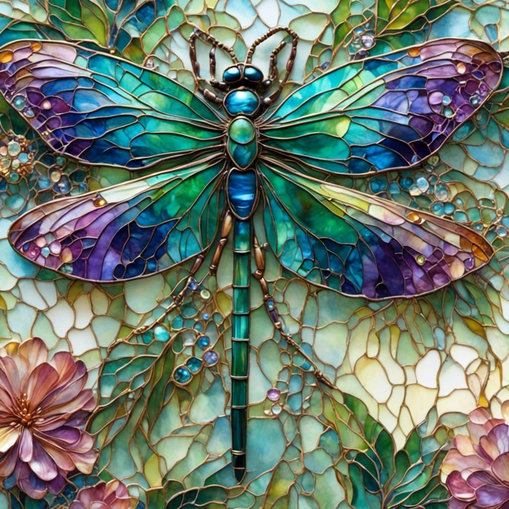 Stained Glass Dragonfly in Emerald Green and Purple