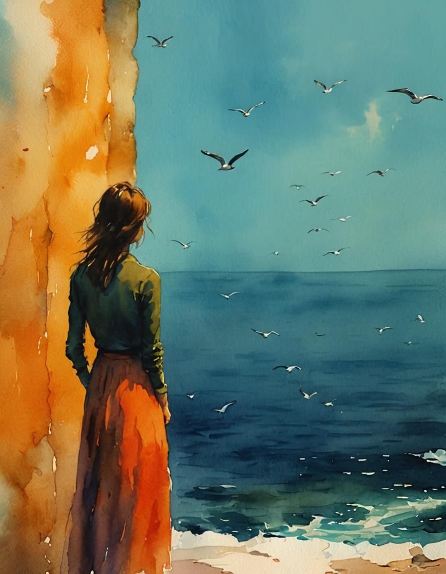 Whimsical Watercolor Seagulls Over Ocean at Sunset