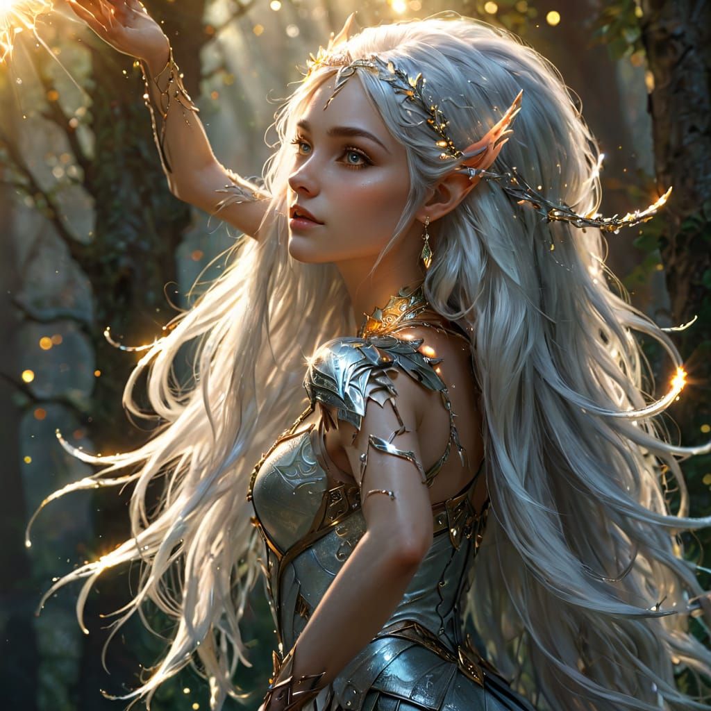 Elf Girl with Silver Hair in Ethereal Forest
