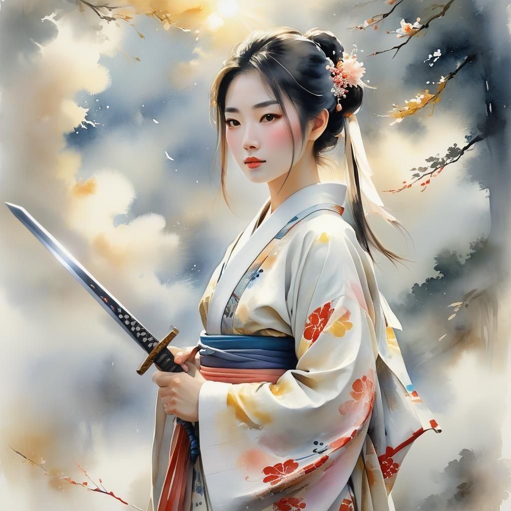 Kimono Girl with Sword in Overcast Sky