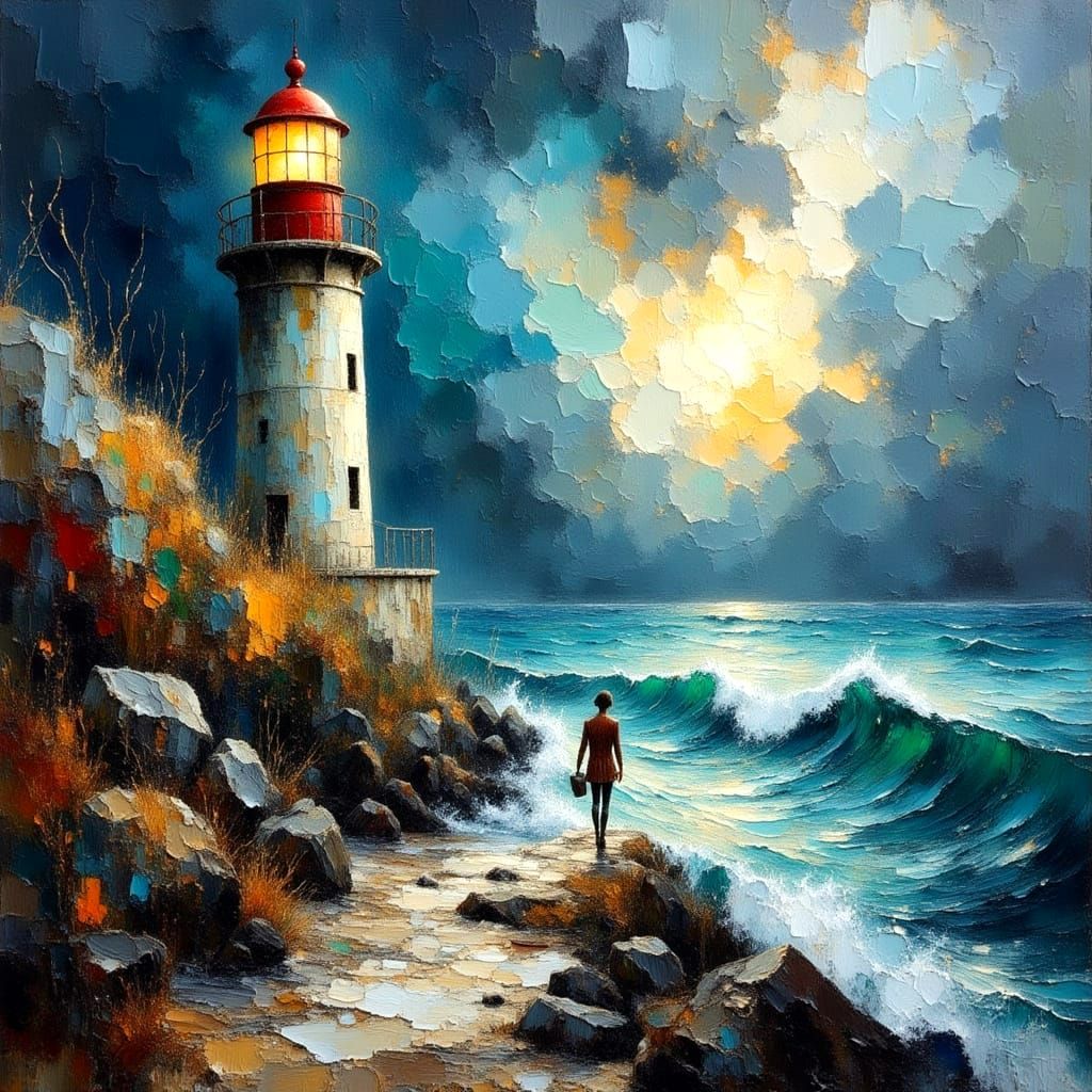 Lighthouse Keeper on Stormy Sea: Impressionistic Watercolor