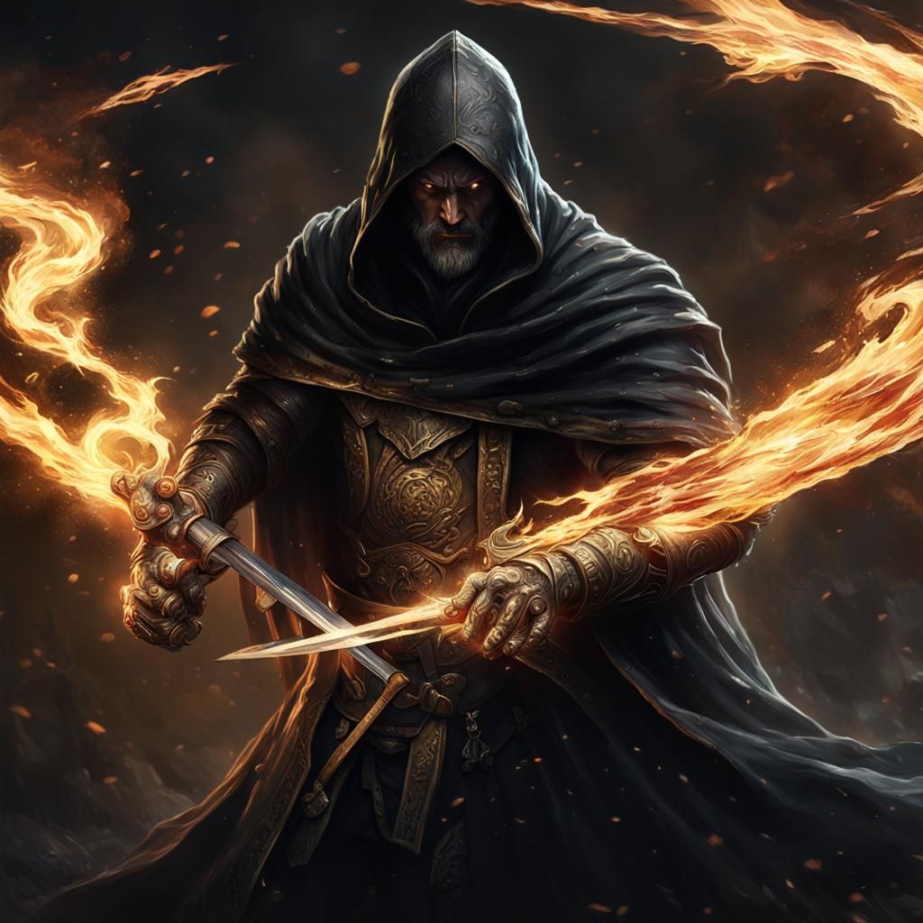Dark Fantasy Figure with Flaming Sword