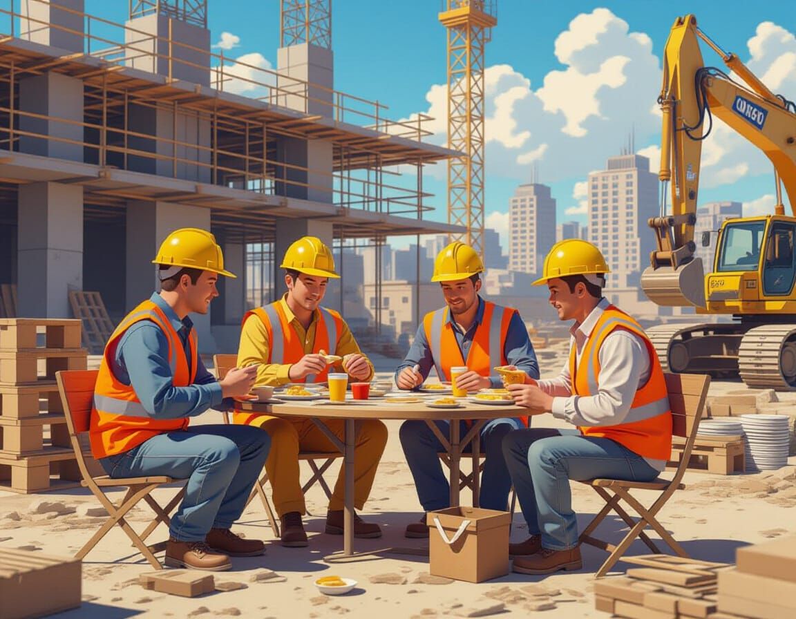 1980s Cartoon Construction Workers Lunch Break