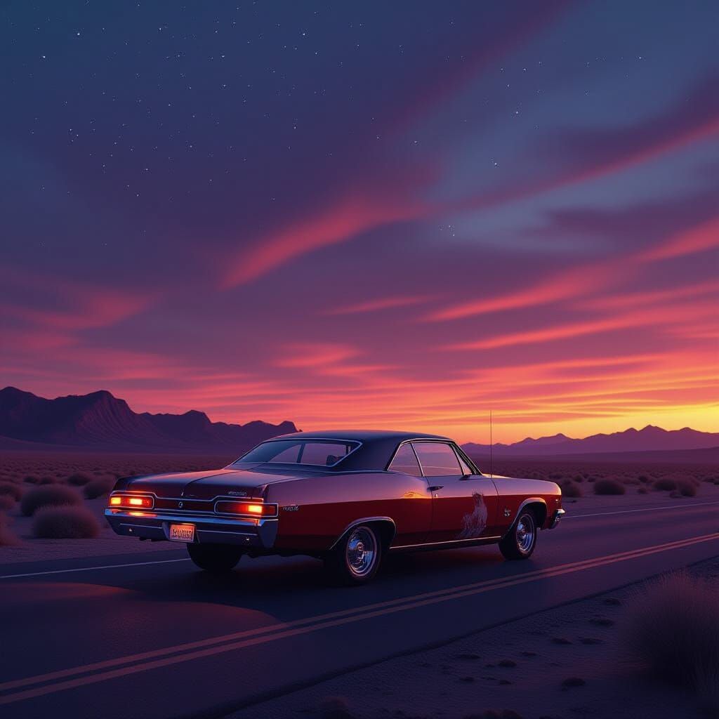 Weathered 1967 Impala on Desert Highway at Dusk