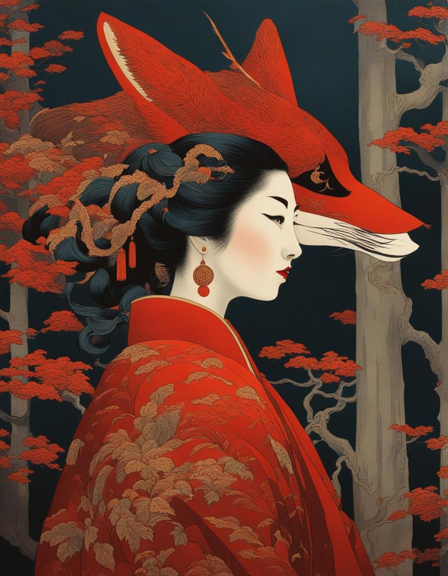 Red Fox Demoness in Ukiyo-e Style Forest