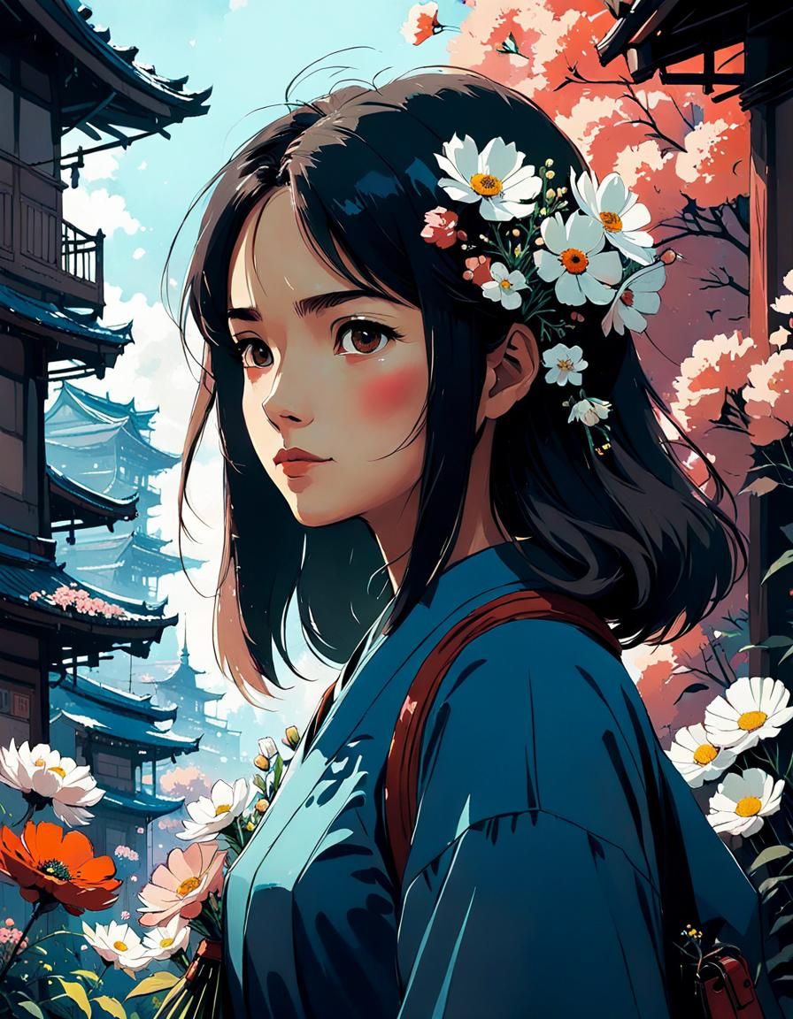 Girl with Flowers: Studio Ghibli Inspired Portrait