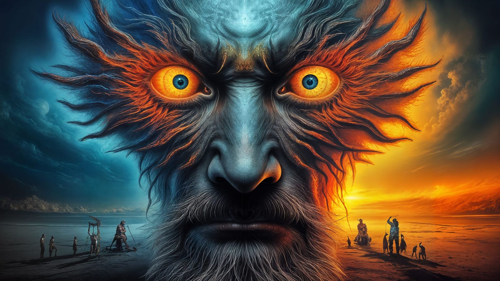 Muscular Man-Peacock Mutation in Fractal Mouth on Moonlit Sk...