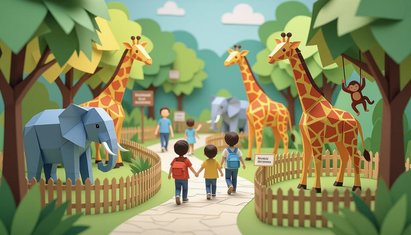 Playful Paper Zoo Scene in Papercraft Style