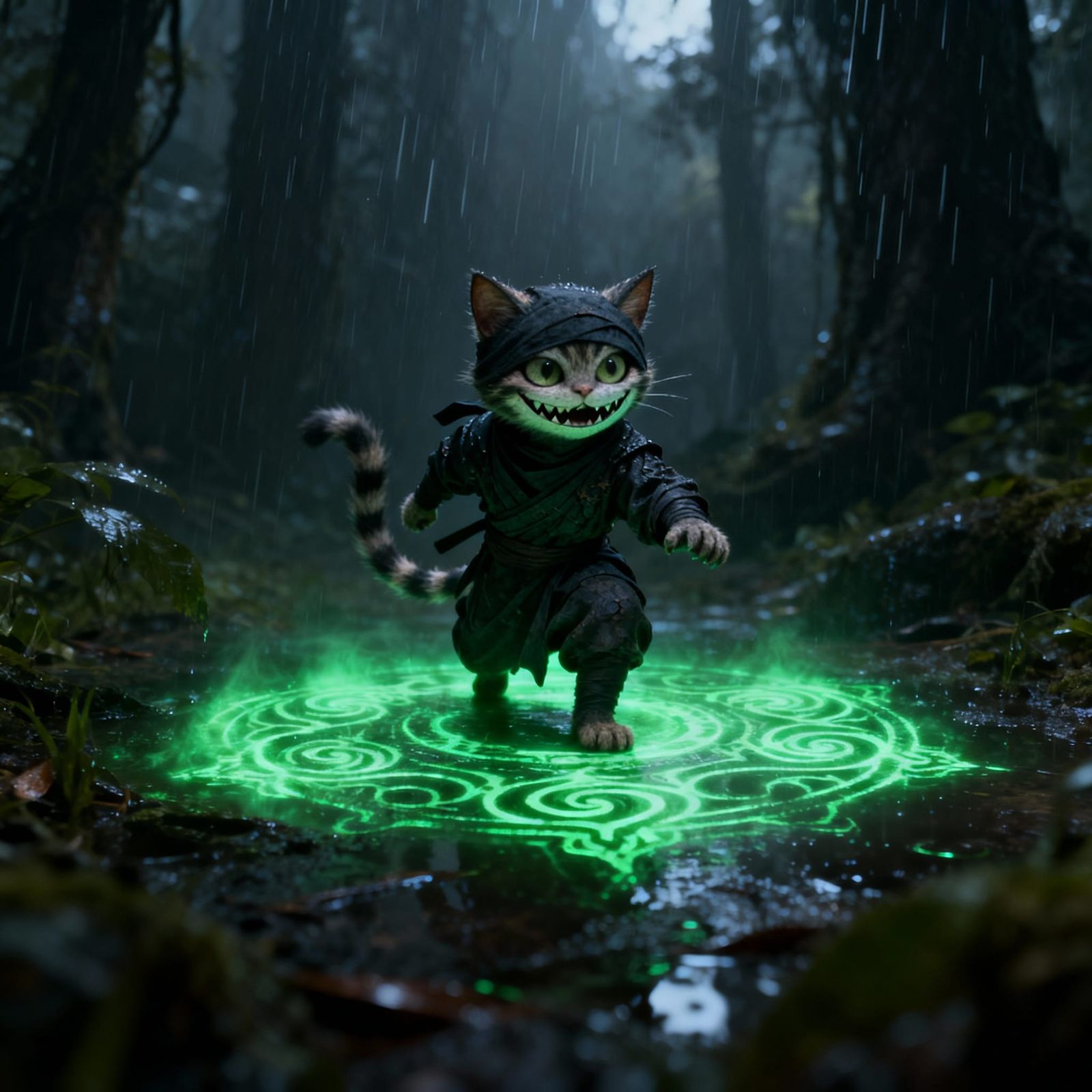 Tiny Ninja Cheshire Cat Sneaks Through Dark Rainforest