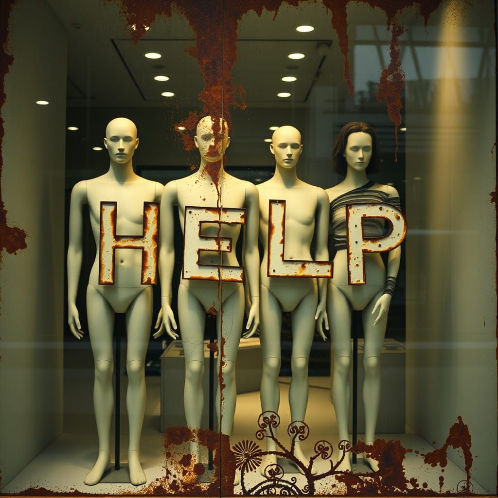 Surreal Department Store Scene with Hallucinatory Figures