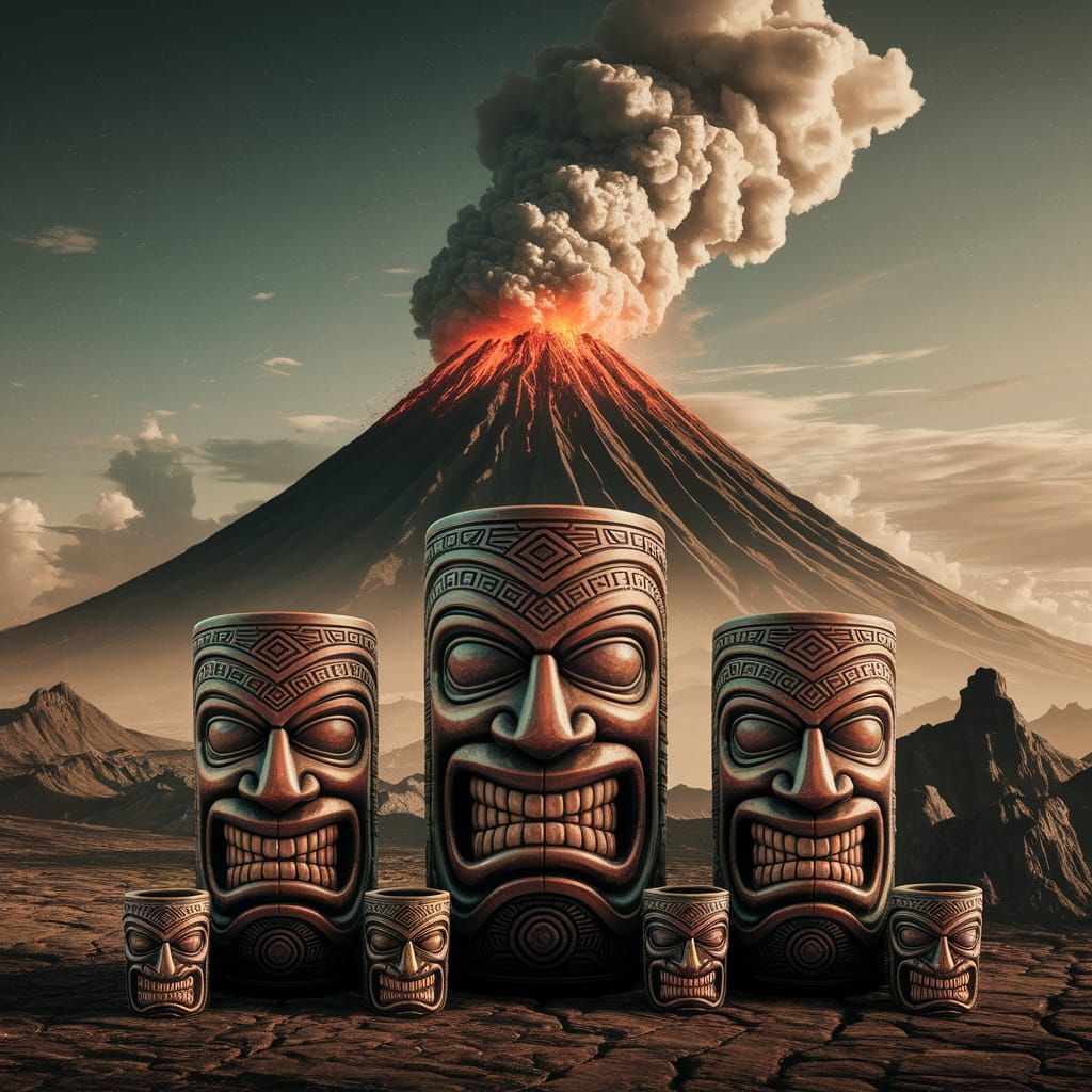 Tiki Pattern Textile Design with Volcano