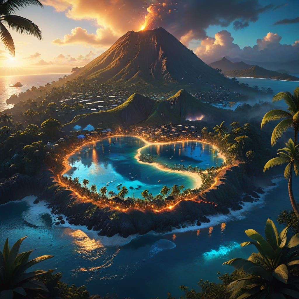 Tropical Volcano Town in Vibrant Sunset Glory