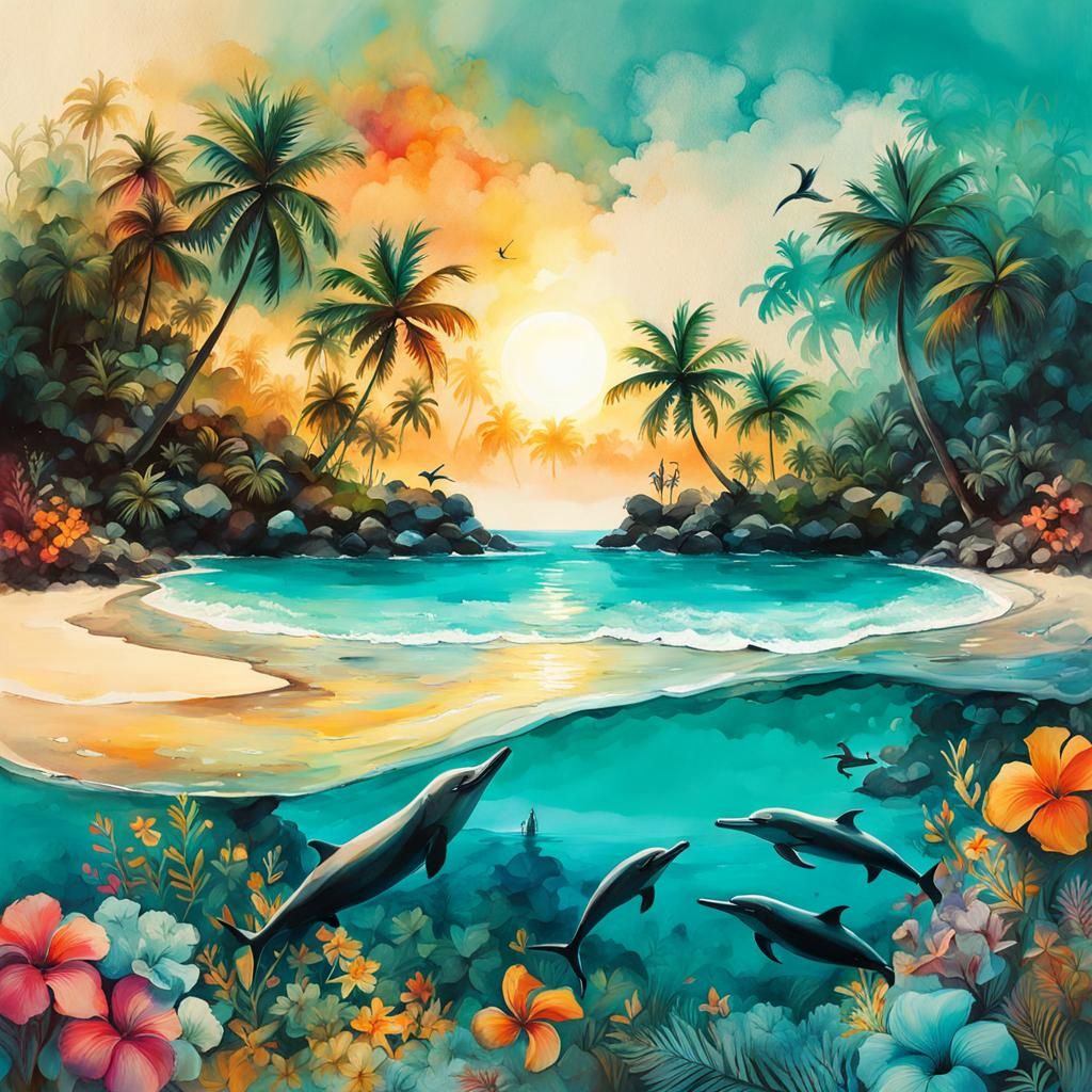 Tropical Island Double Exposure Ink Painting