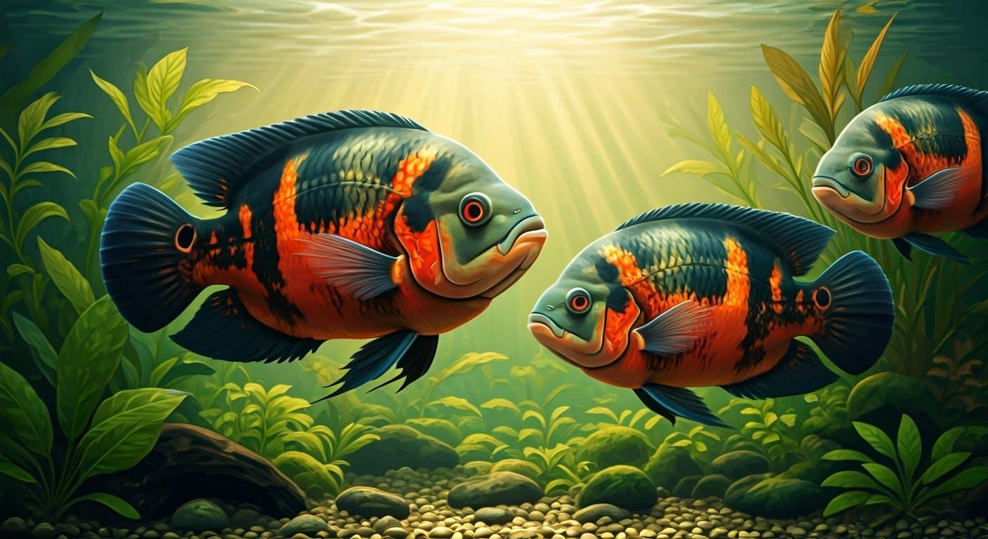 Synchronized Aquatic Dance of Vibrant Oscar Cichlids in Emer...