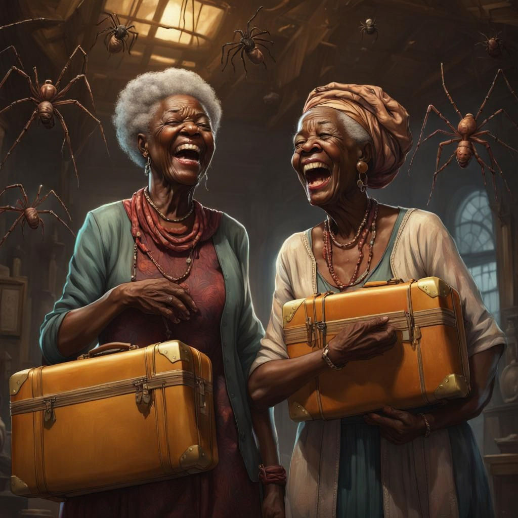 Elderly Women Laughing in Haunted House, Detailed Portrait